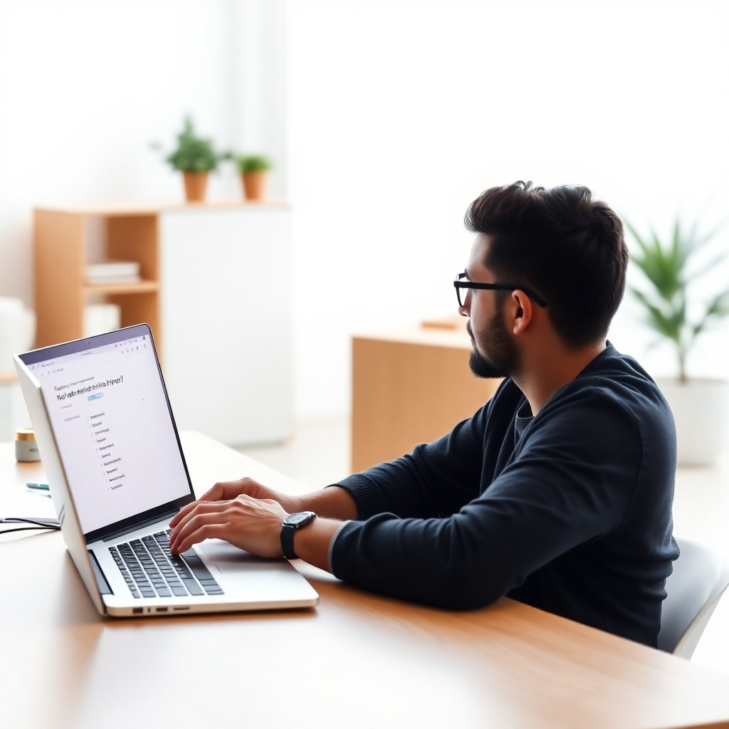A photorealistic image of a person actively engaged in a quiz on a laptop. The interface should be clean and modern, showing a progress bar and questions related to various side hustles. The background should be a minimalist, brightly lit workspace.