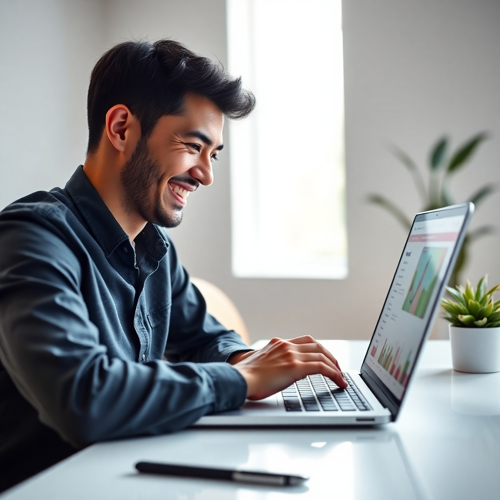 A photorealistic image of a person smiling and looking at a laptop screen displaying a clean, modern website interface. The background should be a bright, minimalist office with natural light.  The overall mood should be one of ease and accomplishment.