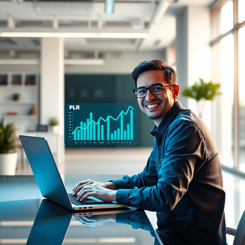 A photorealistic image of a person smiling and working on a laptop, with digital graphics of a PLR product and sales charts overlaid on the screen, in a brightly lit modern office setting. The overall mood should be one of ease and success.