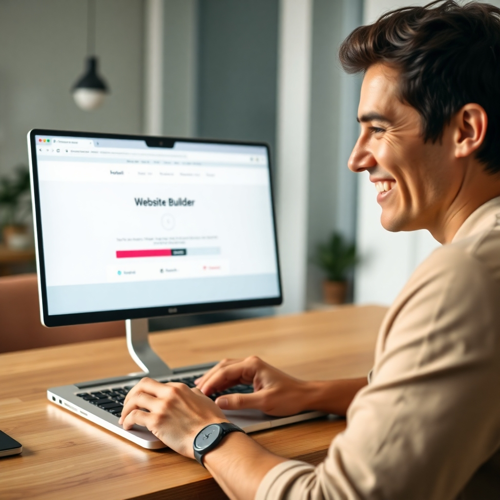 A photorealistic image of a person smiling and looking at a laptop screen showing a website builder interface with a progress bar nearing completion.  The background should be a modern, minimalist office.  The overall mood is one of ease and accomplishment.
