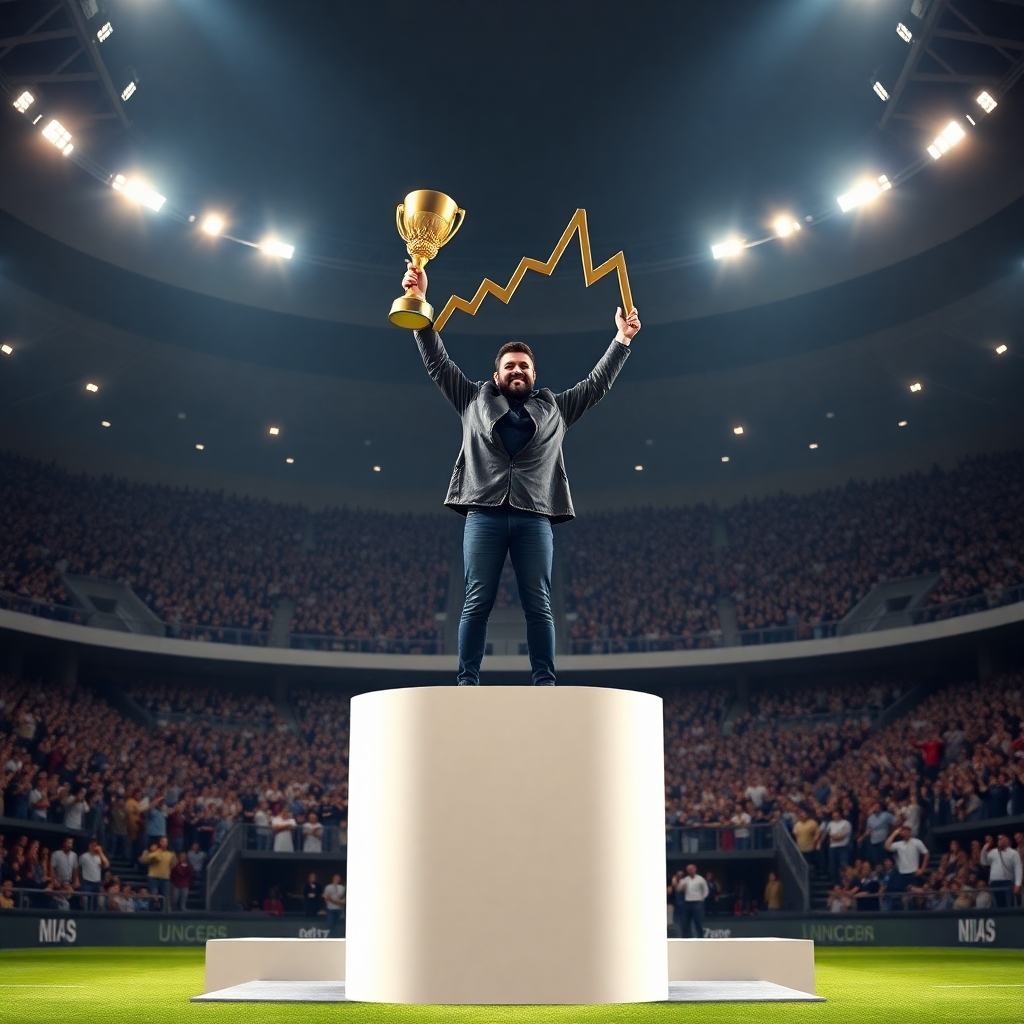 A photorealistic image of a person standing victoriously on a podium, holding a trophy shaped like a rising graph. The podium should be in a large stadium with a cheering crowd in the background. The overall lighting should be dramatic, emphasizing the success and the achievement. The image should communicate triumph and leadership.