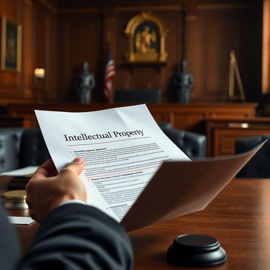 A photorealistic image of a professional workspace with a lawyer or legal professional reviewing documents, specifically contracts and NDAs, with clear, visible text such as 'Intellectual Property', 'Non-Disclosure Agreement', 'Contract Terms', and 'Terms of Service' highlighted on the document, with a subtle courtroom background to emphasize the legal context.