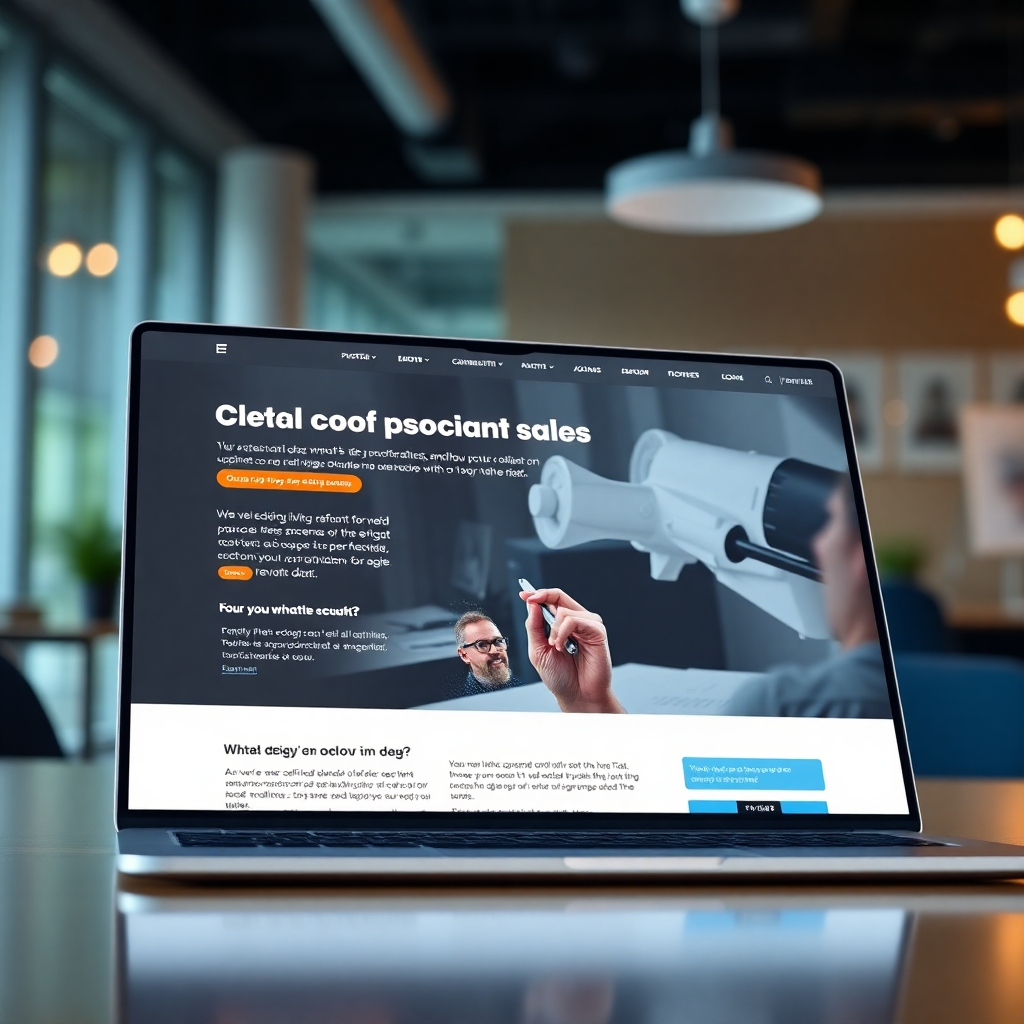 A photorealistic image of a sleek, modern sales page on a laptop screen, showcasing compelling visuals, clear calls to action, and persuasive copy. The background should be a blurred, brightly lit office setting. The laptop should be angled slightly, inviting the viewer to lean in and explore.