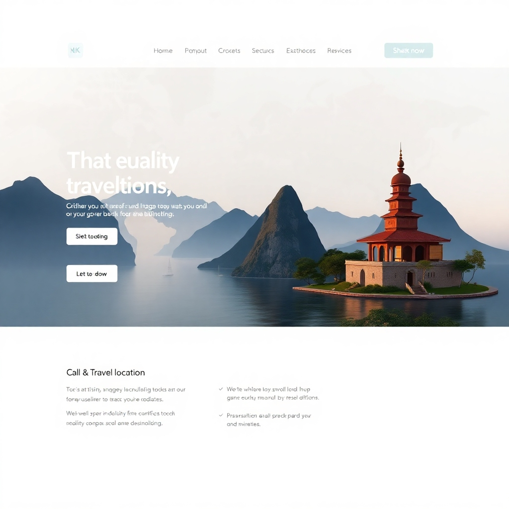 A photorealistic image of a sleek, modern one-page website for a travel agency, showcasing high-quality images of exotic locations, minimalist design elements, and a clear call-to-action button. The overall aesthetic should convey professionalism, trust, and sophistication.  The background should subtly feature a world map.  Focus on a clean, uncluttered layout with clear typography.