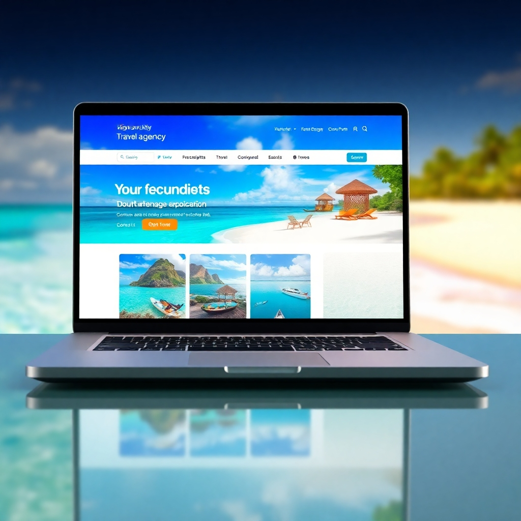 A photorealistic image of a sleek, modern travel agency website on a high-resolution laptop screen. The website should feature high-quality images of exotic locations, clear calls to action, and a professional color scheme. The background should be a subtly blurred image of a tropical beach.