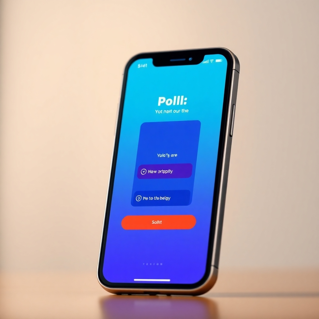 A photorealistic image of a smartphone displaying a visually appealing and engaging poll or quiz. The background should be subtly blurred, focusing attention on the interactive content on the screen.  The design should be modern, clean, and easy to understand, emphasizing a user-friendly interface. The overall feeling should be inviting and encouraging participation.