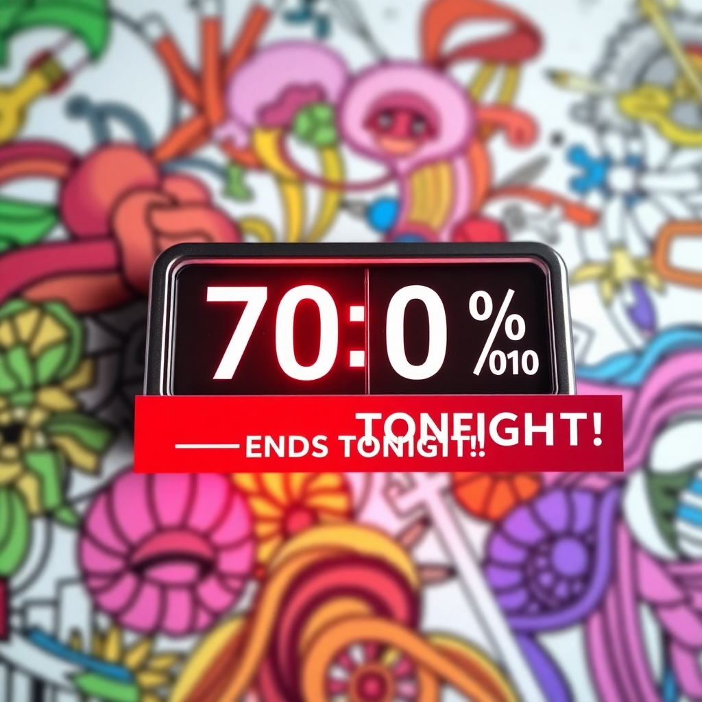 A photorealistic image of a stylish timer counting down, overlaid on a background of vibrant coloring pages. The timer displays a nearly-expired time, with a banner reading '70% OFF - Ends Tonight!' in bold, attention-grabbing font. The overall style should evoke a sense of excitement and urgency.