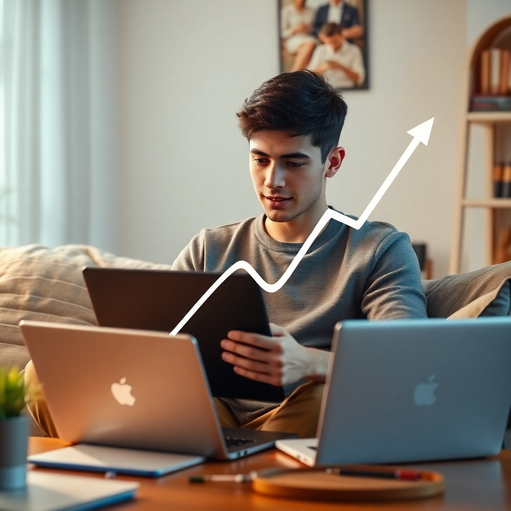A photorealistic image of a stylized upward-trending graph seamlessly integrated into a person's daily life. The person, possibly a young adult, is multitasking - working on a laptop, and also involved in a creative activity like painting or playing music, while the upward-trending graph symbolizes consistent income growth. The overall aesthetic is optimistic and achievable.