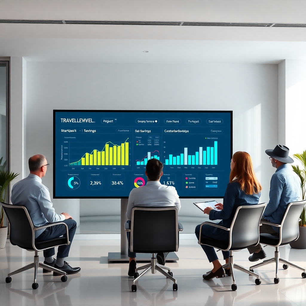 A photorealistic image of a stylish, modern office space with a team working on a large touchscreen showcasing a detailed breakdown of travel expenses compared to a budget, showing significant savings. The room should be clean and brightly lit, with a professional ambiance. Use visuals that indicate cost savings such as graphs, charts, and subtle animations (if the image generator allows) to create a clear visual representation of the financial benefits. The overall mood should communicate efficiency, transparency, and savings.
