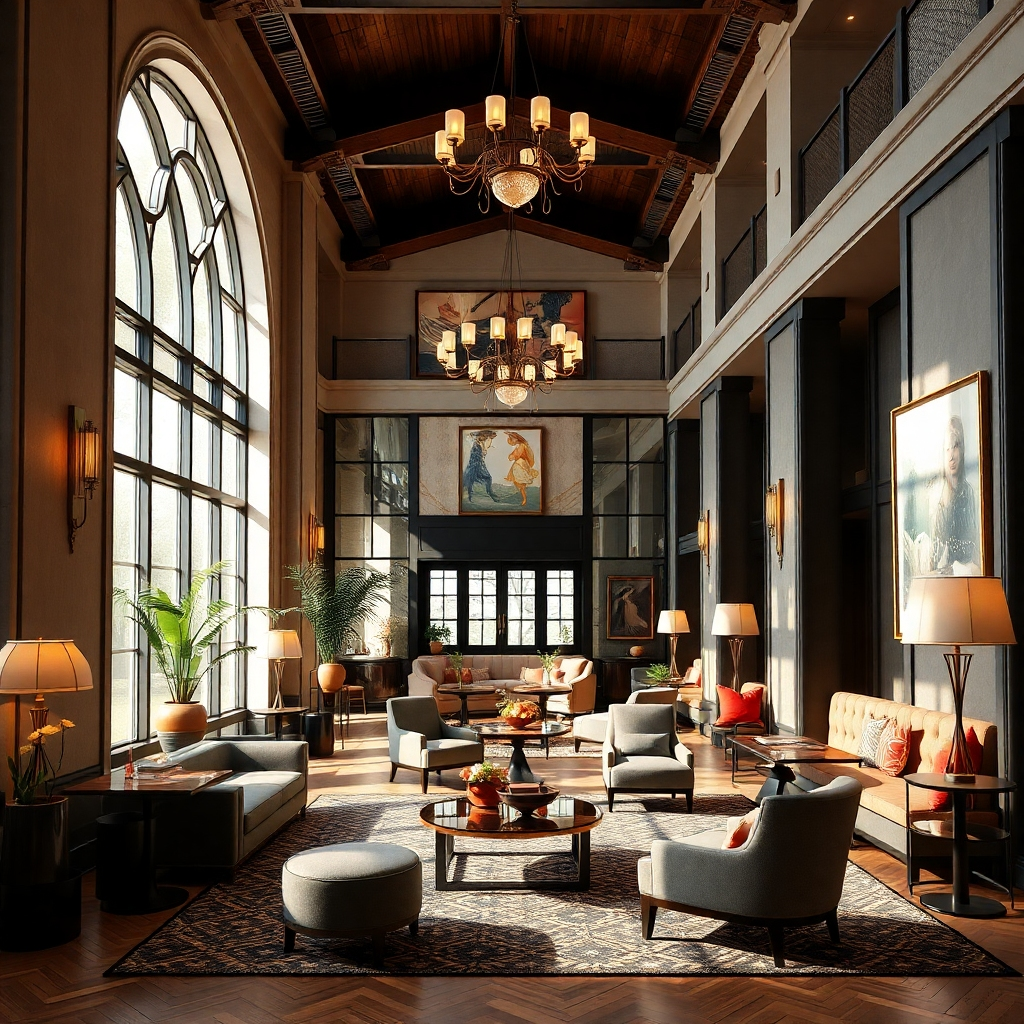 A photorealistic image of a stylish boutique hotel lobby. The scene should feature unique architectural details, comfortable seating areas, natural light, and tasteful artwork. The overall aesthetic should be chic, inviting, and reflect a personalized and intimate atmosphere.