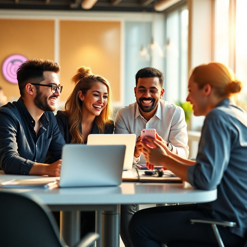 A photorealistic image of a team of diverse young professionals laughing and collaborating around a table in a modern, brightly lit office, with laptops and smartphones visible. The background is subtly blurred, with elements of branding visible but not distracting.  The image should evoke a feeling of fun, teamwork, and creativity. High resolution, cinematic lighting, shallow depth of field.