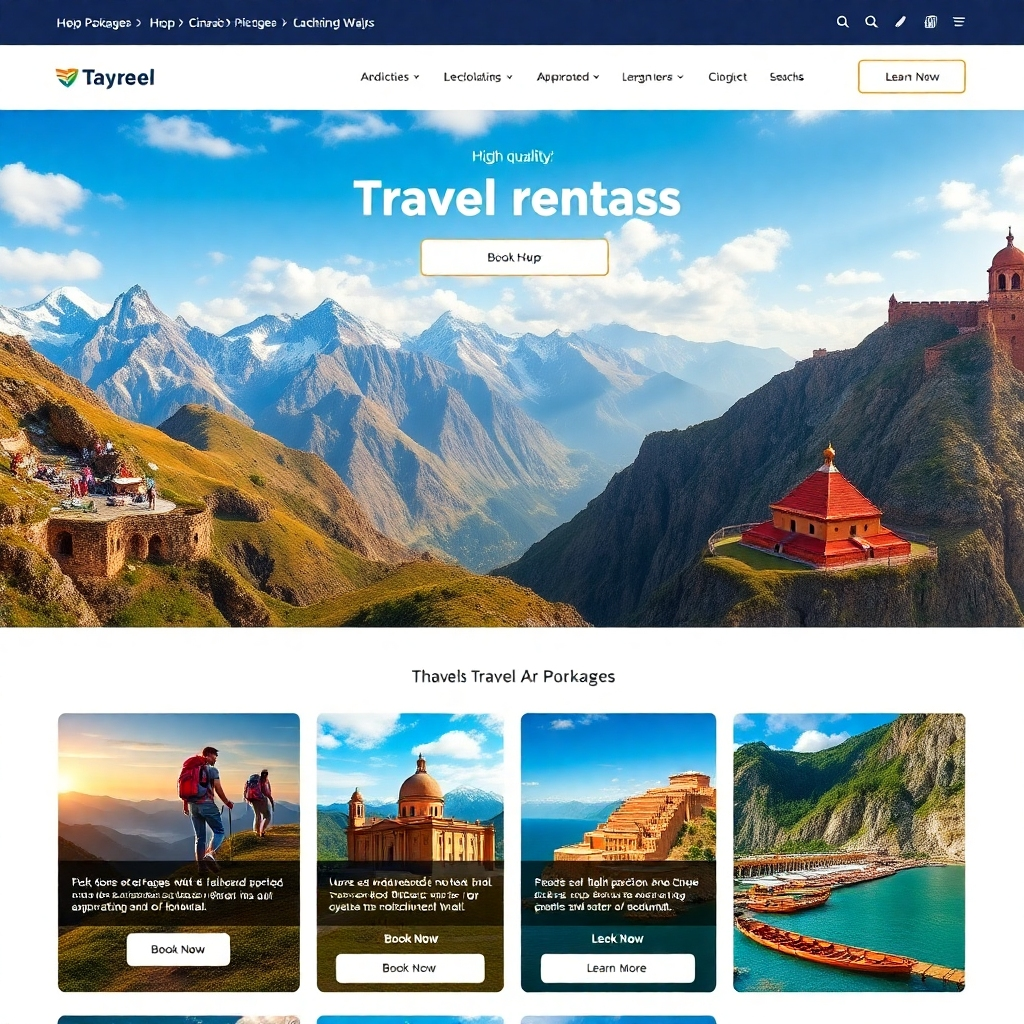 A photorealistic image of a website showcasing various travel packages.  The images should be high-quality and diverse, featuring adventurous activities like hiking in mountains, relaxing on a beach, and exploring historical sites. Each package should have a concise description and a clear call to action, such as "Book Now" or "Learn More".