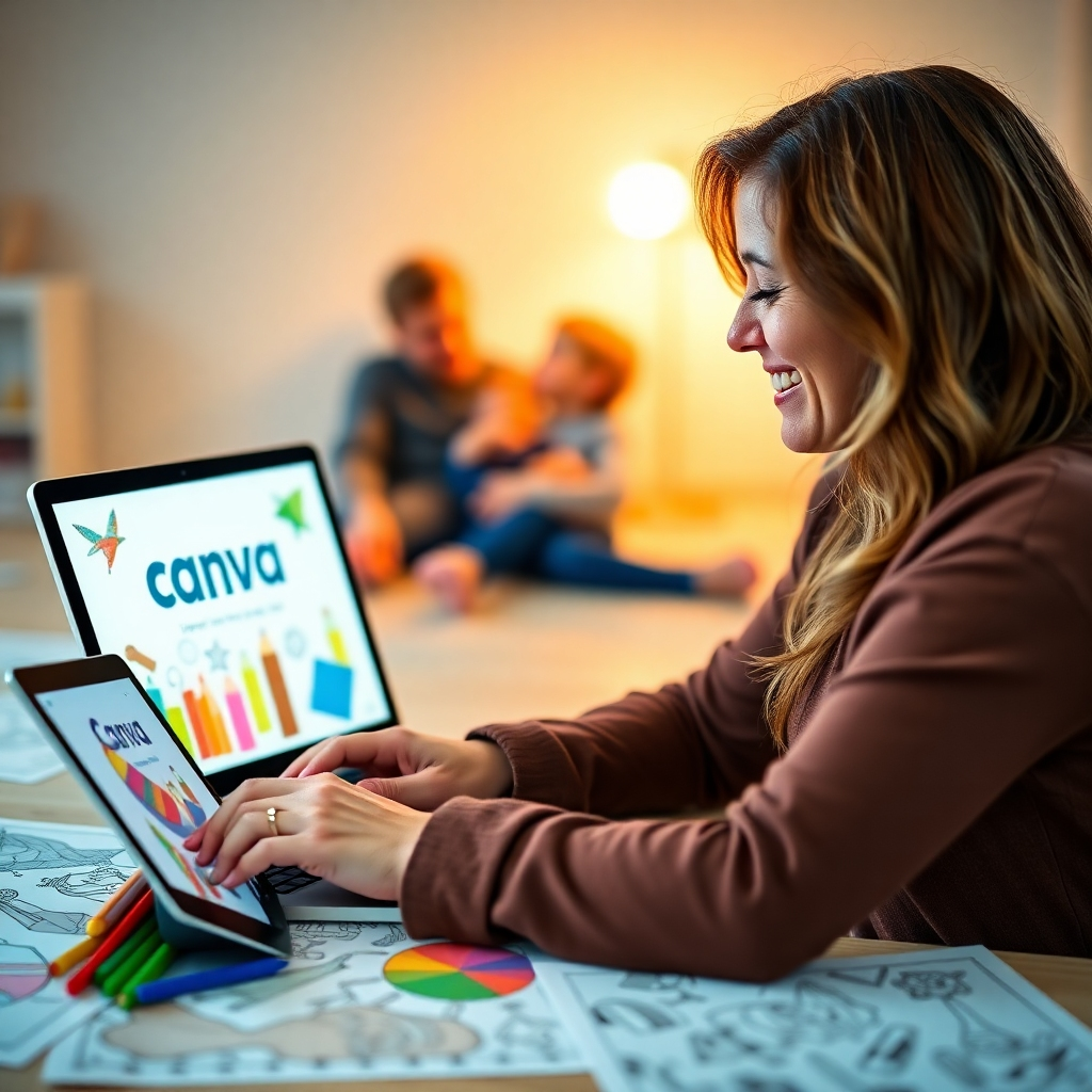 A photorealistic image of a woman happily working on her laptop, surrounded by colorful coloring pages and a tablet displaying Canva mockups. In the background, a blurred image of a family enjoying time together. The overall scene conveys a sense of freedom, success, and work-life balance.