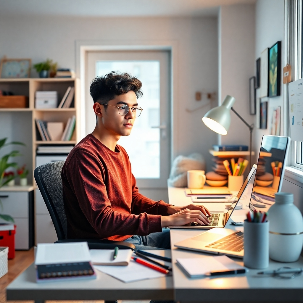 A photorealistic image of a young, determined person sitting at a laptop in a bright, modern home office, surrounded by various items hinting at multiple side hustles (e.g., crafting supplies, marketing materials, online course notes).  The overall mood should be optimistic and energetic, conveying a sense of possibility and potential.