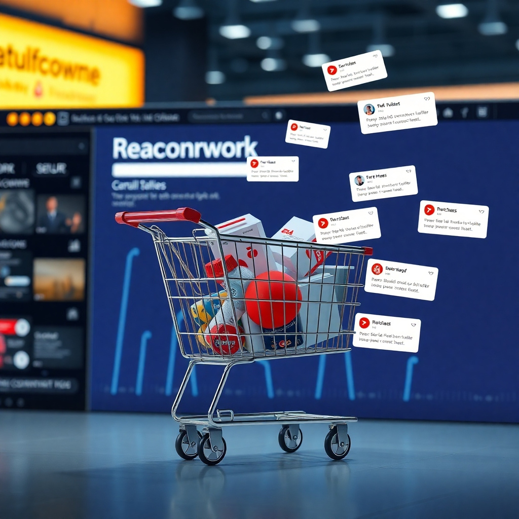 A photorealistic image showcasing an e-commerce website with a high conversion rate, a shopping cart overflowing with items, and multiple social media notifications indicating purchases and positive feedback. The overall style is sleek, modern and persuasive.