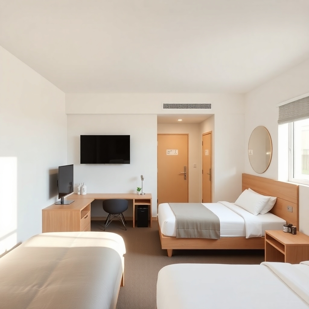 A photorealistic image showcasing a clean, modern, budget-friendly hotel room. The room should be brightly lit, with a comfortable bed, functional workspace, and a neatly organized bathroom. The style should be minimalist and inviting, conveying a sense of value and comfort.