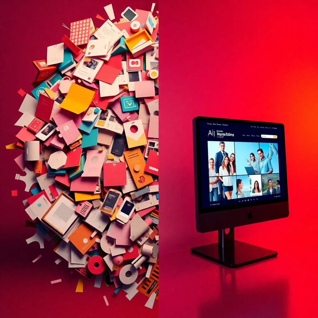 A photorealistic image showcasing a split-screen: one side shows a chaotic jumble of website design elements, and the other side reveals a beautifully designed website created using the elements from the first side.  The transition should be smooth, implying AI's streamlining effect. The color palette should be vibrant and professional.