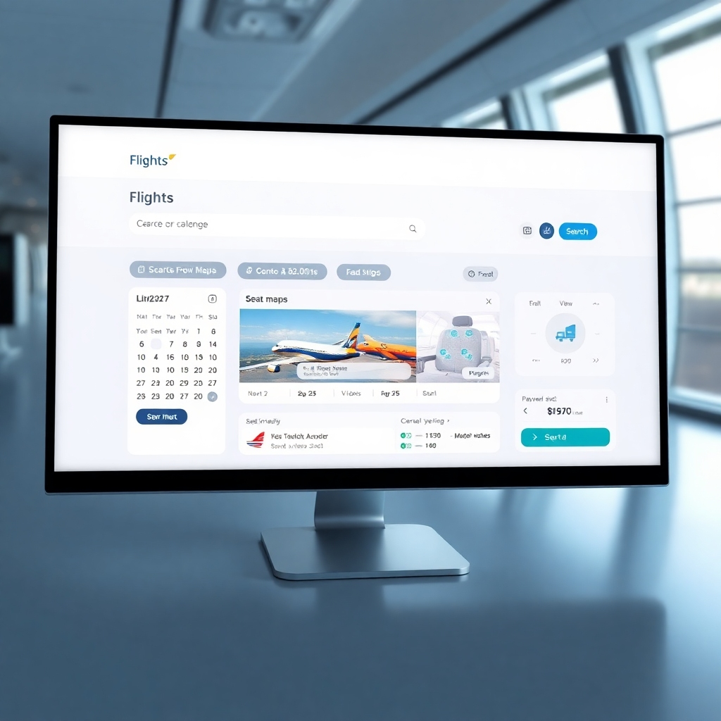 A photorealistic image showcasing a clean and intuitive website interface for booking flights. The screen should display flight search results, calendar views for date selection, seat maps, and payment options. The design should be modern and user-friendly, with a focus on ease of navigation and a positive user experience. The image should be brightly lit and clearly show the website's features.