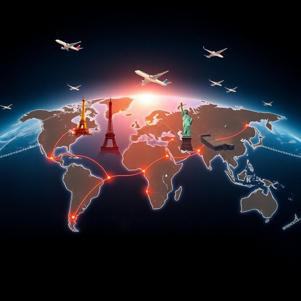 A photorealistic image showcasing a world map with various flight routes highlighted, airplanes flying above iconic landmarks like the Eiffel Tower, the Great Wall of China, and the Statue of Liberty. The overall style should be vibrant and dynamic, emphasizing global connectivity.
