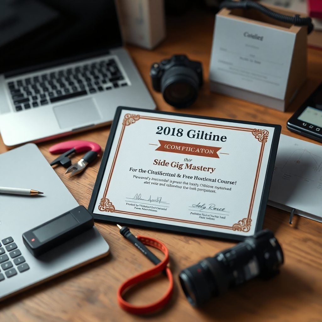 A photorealistic image showcasing a certificate of completion for a 'Side Gig Mastery' course, along with various tools and devices used for different side gigs (laptop, graphic tablet, camera, etc.). The overall image should convey a sense of accomplishment and expertise.
