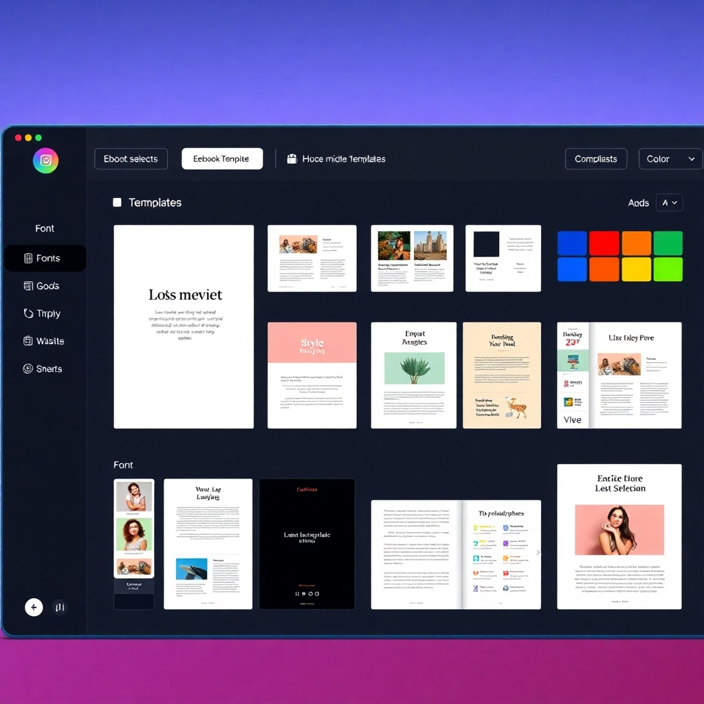 A photorealistic image showcasing a Designrr user interface, specifically the template customization options.  Show a variety of different ebook templates with different styles and color schemes, alongside tools for font selection, image uploading and color palettes. The interface should appear intuitive and user-friendly.