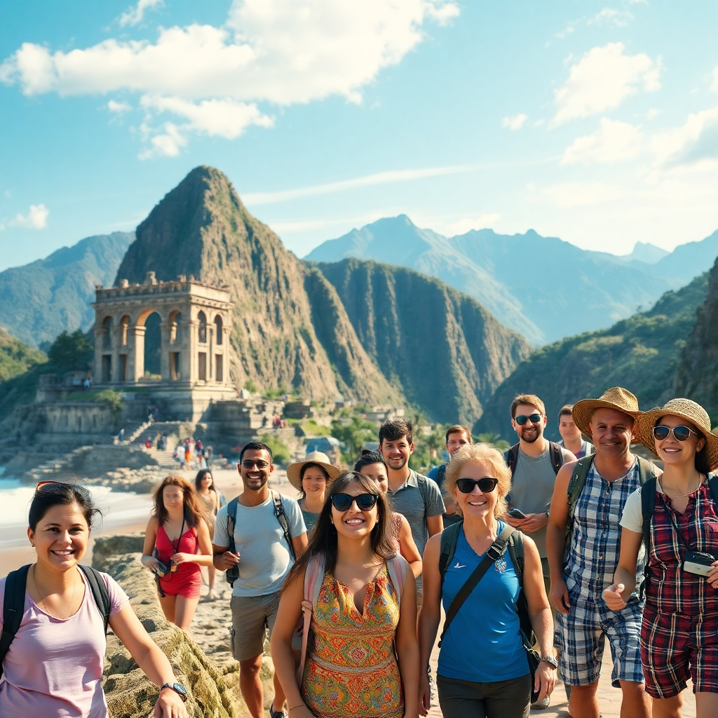 A photorealistic image showcasing a diverse group of happy people enjoying various travel experiences, such as exploring ancient ruins, relaxing on a pristine beach, hiking in a mountain range, and experiencing local cultures. The image should evoke a sense of adventure and excitement.