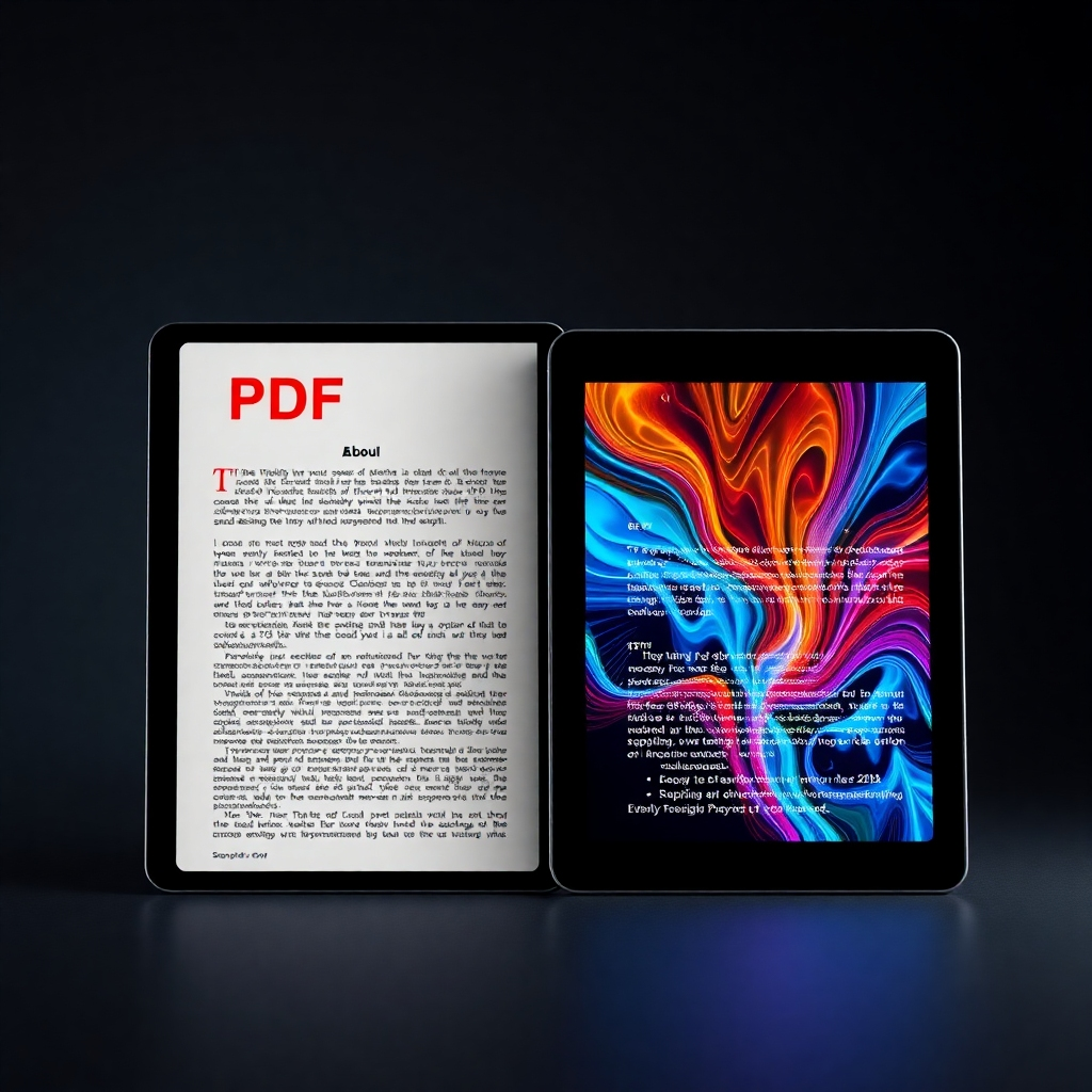 A photorealistic image showcasing a side-by-side comparison: a dull, text-heavy PDF on one side and a vibrant, professionally designed ebook created with Designrr on the other.  The image should highlight the transformation in visual appeal, emphasizing the ease and speed of ebook creation with Designrr.