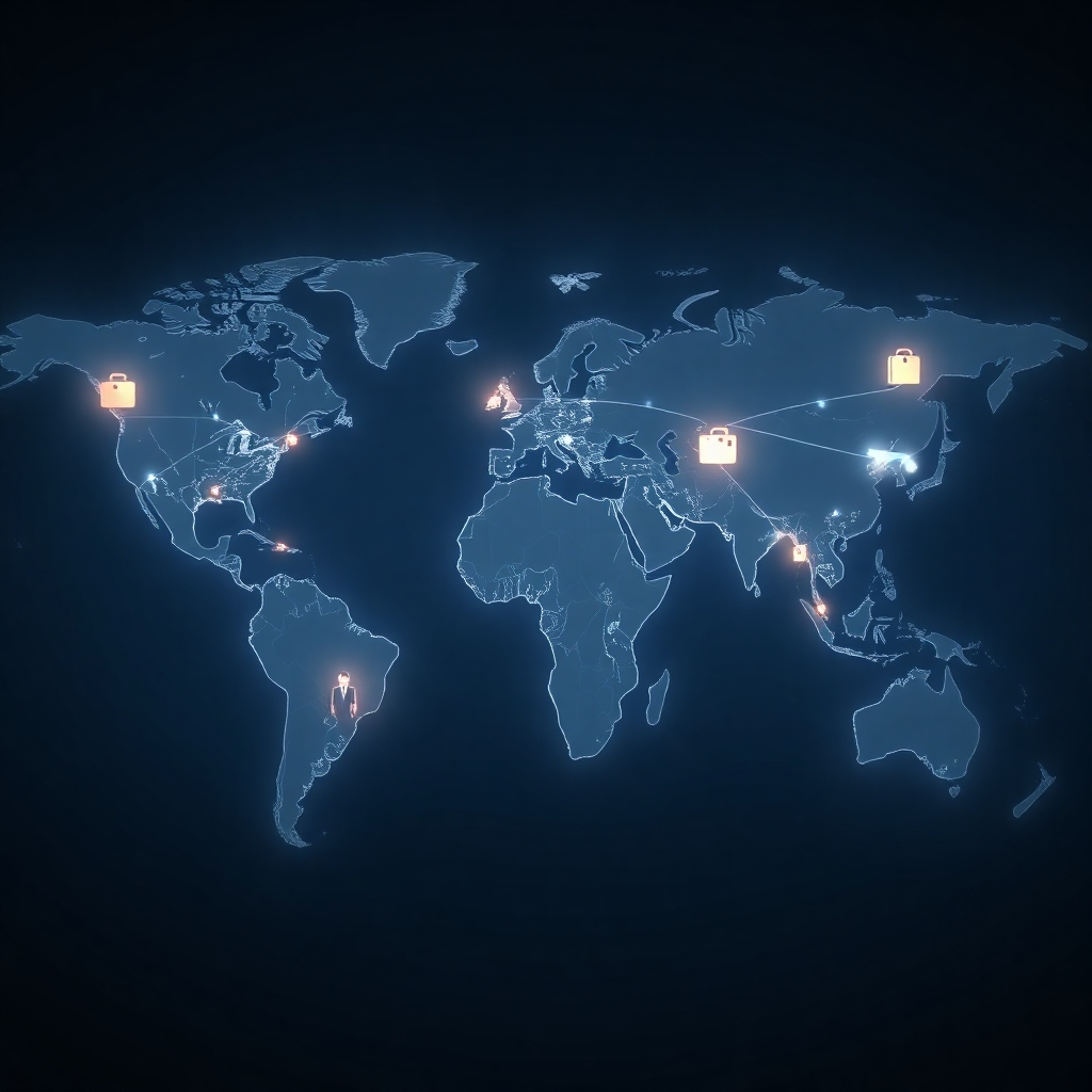 A photorealistic image showing a world map with glowing lines connecting major cities around the globe. On this map, icons representing various business professionals (suitcases, briefcases, people in business attire) are highlighted, indicating seamless connectivity. The background should have a subtle, professional color scheme, possibly dark blue or gray, enhancing the global reach and reliability of the network. The overall mood should evoke a sense of connectivity and trustworthiness.