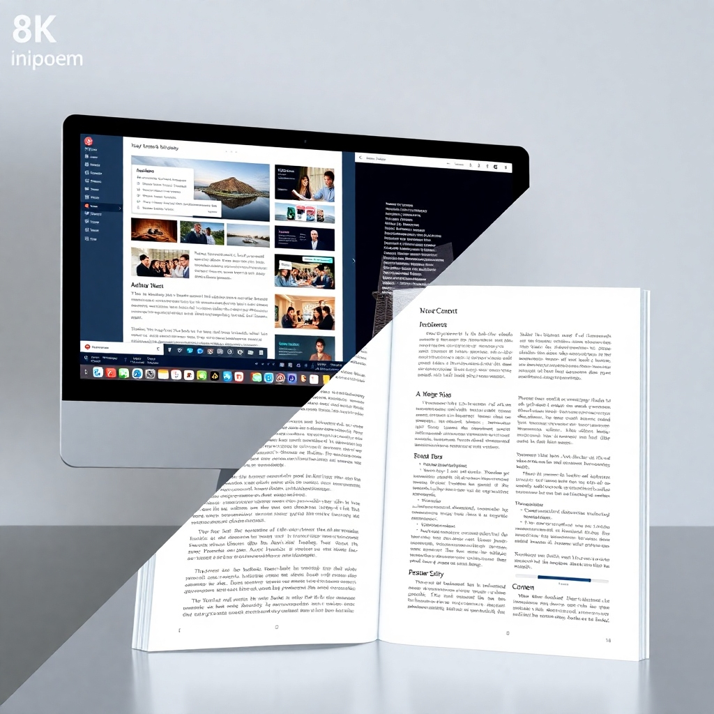 A photorealistic image showing a split screen. One side displays a website interface with various elements like text blocks, images, and navigation menus. The other side shows a clean, professional-looking ebook layout with the same content, neatly organized and aesthetically pleasing. The screen should show a progress bar indicating the content is being imported from the website to the ebook template.  The overall style should be modern and clean, emphasizing ease of use and efficiency.