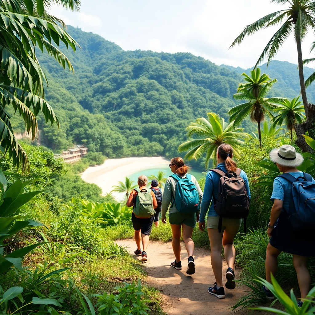 A photorealistic image showing a small group of tourists hiking through a lush rainforest or exploring a pristine beach. Focus on sustainability and eco-consciousness, featuring elements like reusable water bottles, minimal waste, local guides, and respect for the environment. The image should highlight the natural beauty of the location and the positive impact of responsible tourism, conveying a sense of peace and harmony with nature.