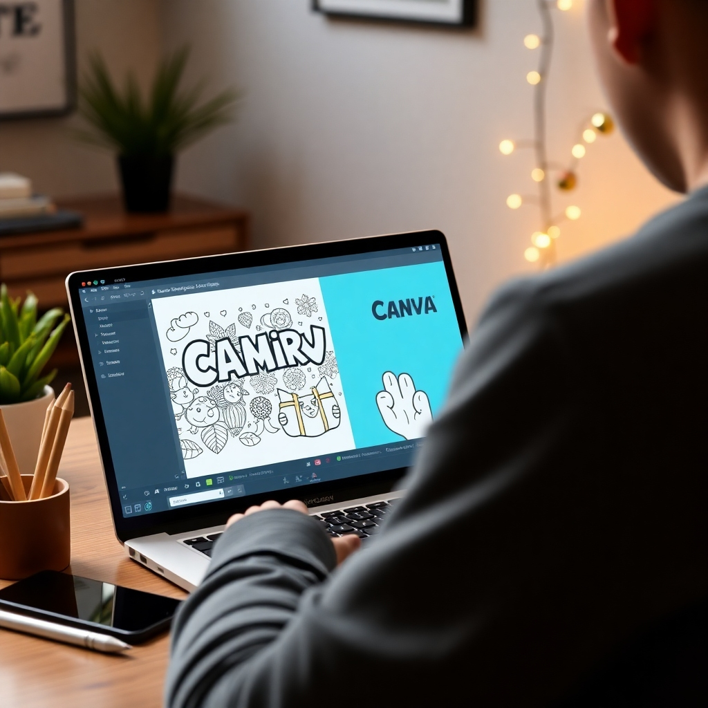 A photorealistic image showing a person using Canva to design a marketing image for coloring pages, using one of the provided mockup templates. High resolution, realistic lighting, sharp image quality, professional design elements and clear visibility of Canva interface.