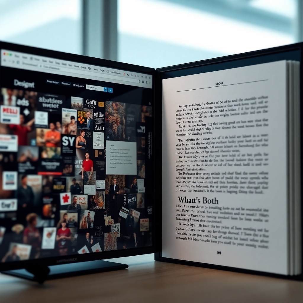 A photorealistic image showing a split screen. On one side, a chaotic website with ads and navigation. On the other, a clean, formatted ebook page with text and images, showcasing the Designrr interface subtly in the background. The overall mood is one of efficient content transformation.