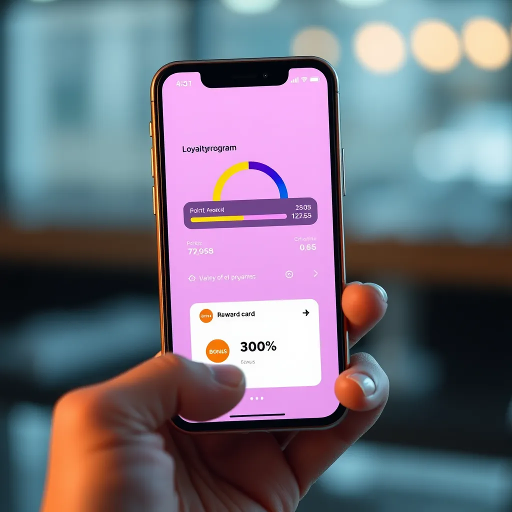 A sleek, modern phone screen displaying a loyalty program app interface with a progress bar, points accumulation, and a virtual reward card with a bonus symbol, representing the benefits of loyalty programs.
