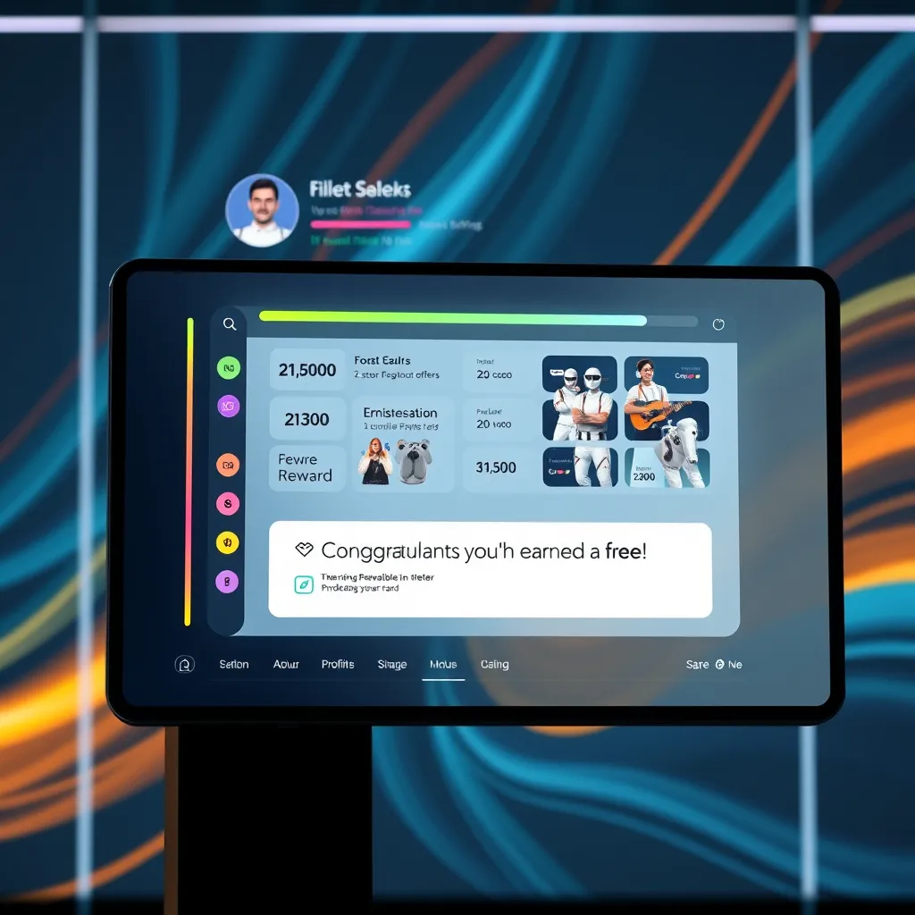 A sleek digital interface showing a customer profile with a progress bar filled with colorful points. The screen displays a virtual reward card with exclusive offers and a message saying 'Congratulations! You've earned a free product!' The background is a modern, abstract design representing a digital shopping experience.