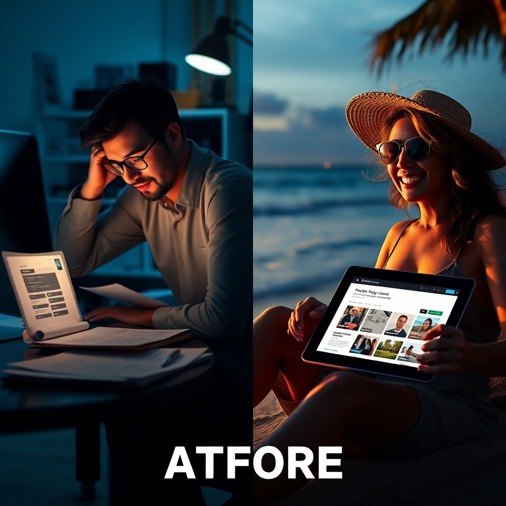 A split image: One side shows a stressed person working late at a computer, surrounded by papers and design software.  The other side shows a happy person relaxing by a beach with a laptop and tablet open to the same product page, highlighting the freedom and less workload. Use a bright, airy style for the ‘after’ image, and dark, tense lighting for the ‘before’ image.