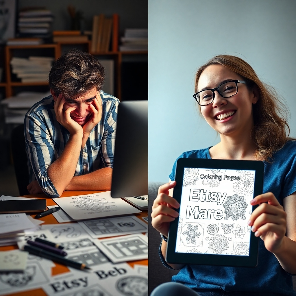 A split image: one side shows a stressed person hunched over a computer, surrounded by scattered papers and design software. The other side depicts a relaxed person smiling, holding a tablet displaying the successful Etsy listing of the coloring pages. A vibrant graphic of the coloring page bundle is displayed on the tablet, subtly visible in the background. The image style should be photorealistic with a contrasting mood between both sides.