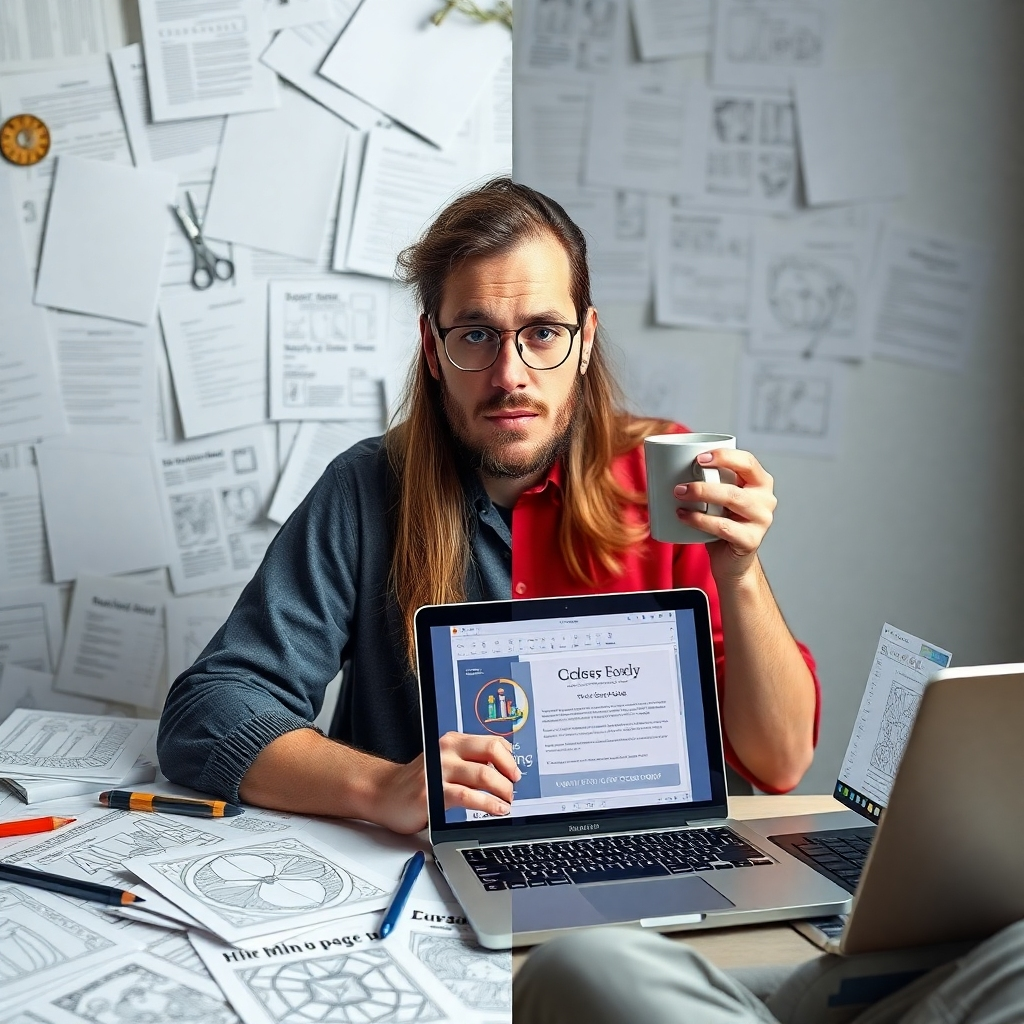 A split image showcasing the contrast between a stressed Etsy seller surrounded by blank papers and design software, versus a relaxed Etsy seller sipping coffee, with a laptop displaying the finished coloring pages bundle and positive sales notifications. Emphasize the contrast in mood and workload.