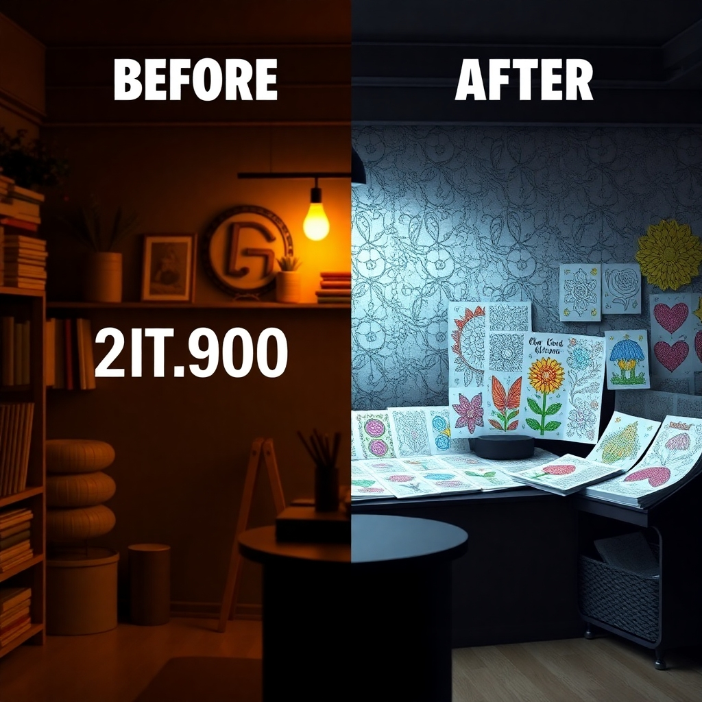 A split image showing the before and after of an Etsy shop. The 'before' side shows a low number of sales and few listings, while the 'after' side displays high sales numbers, many positive customer reviews, and lots of vibrant product listings of the coloring pages. The overall feeling should be that of successful growth and abundance.