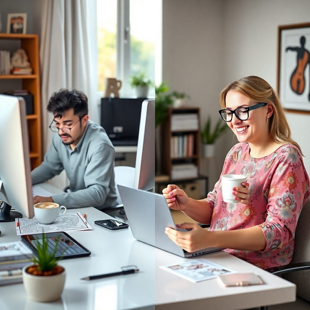 A split-screen image: one side shows a stressed person working tirelessly on a computer designing coloring pages; the other side shows a relaxed, happy person using a laptop, sipping coffee, and managing their online store effortlessly.  The contrast should clearly demonstrate the time saved by using the pre-designed bundle. The background should represent a home office environment with a calm and productive vibe