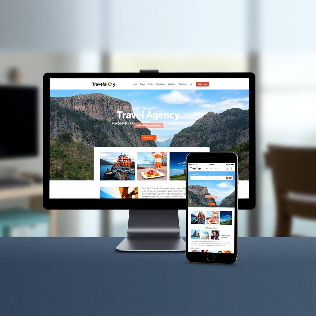 A split-screen image showcasing the same travel agency website displayed on three different devices: a large desktop monitor, a tablet, and a smartphone. Each screen should display the website perfectly adapted to the device's screen size, with no distortion or loss of content. The background should be subtly blurred to emphasize the website's appearance on different devices. The overall message should convey adaptability and consistency across all platforms.