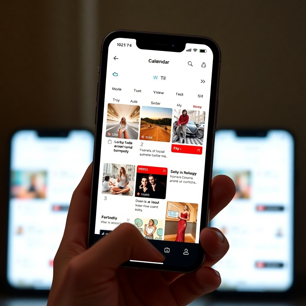 A stylishly designed calendar app on a smartphone screen displays a meticulously planned content calendar with various social media posts scheduled throughout the week. The calendar highlights different content formats like images, videos, and stories, and is visually appealing and easy to understand.