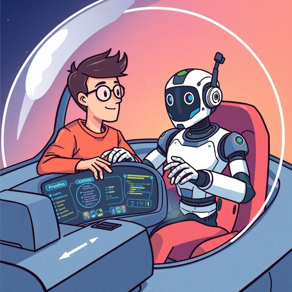 A stylized illustration depicting a human and a friendly, futuristic robot co-piloting a spaceship. The spaceship's dashboard displays complex prompt parameters and controls. The overall feel is collaborative and empowering, suggesting that PromptAIdr Studio acts as a supportive guide in the creative process. Use a vibrant color palette and a sense of optimistic futurism.