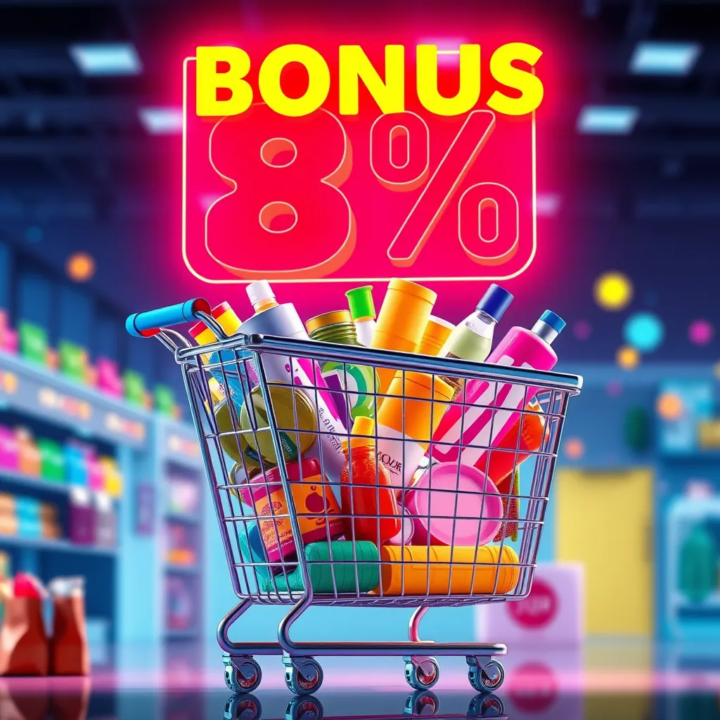 A vibrant, digital illustration depicting a shopping cart overflowing with colorful products and a large 'Bonus' sign with a glowing percentage discount symbol above it, suggesting a rewarding shopping experience.