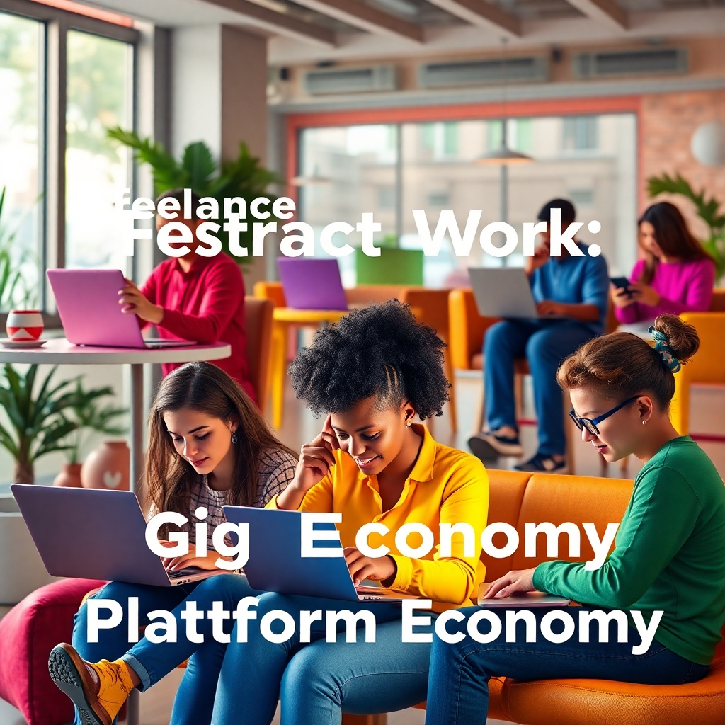 A vibrant, photorealistic image depicting diverse individuals working on laptops and smartphones in various settings, representing different types of gig work, overlaid with labels such as 'Freelance', 'Contract Work', 'Gig Economy', and 'Platform Economy' in a clean, modern font.