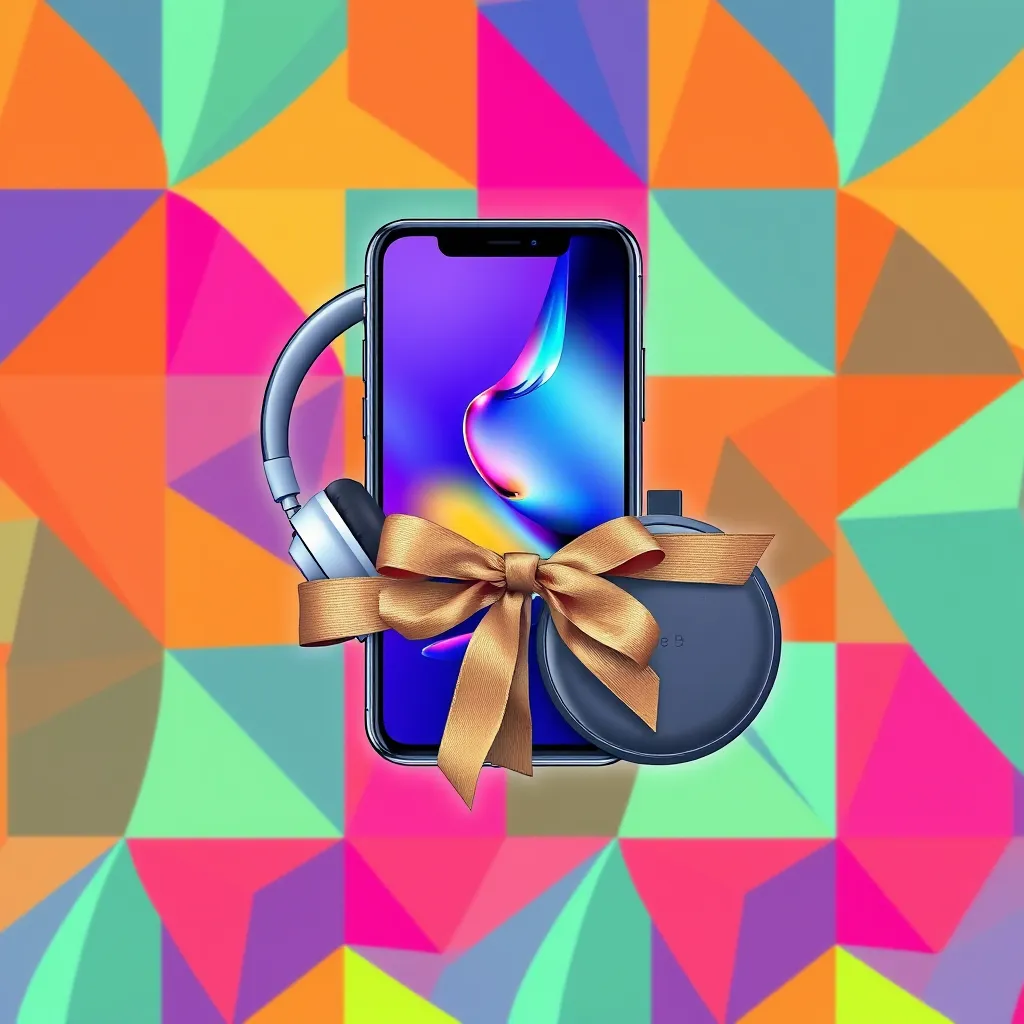 A vibrant, stylized illustration of a smartphone, a pair of headphones, and a wireless charger, all neatly bundled together with a ribbon. The background is a colorful pattern of geometric shapes, representing a diverse selection of available bundles.