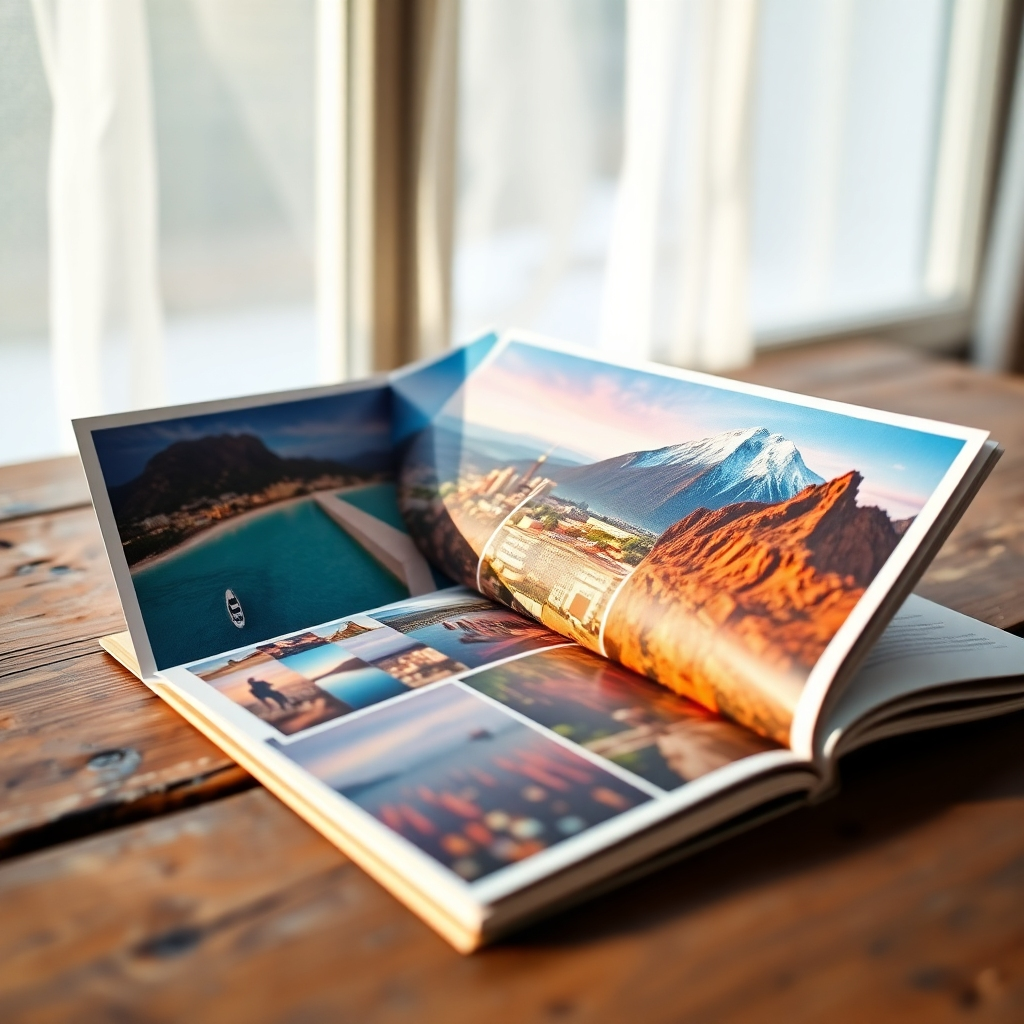 An ultra-high-resolution (8K), hyperrealistic image of a beautifully designed travel brochure lying on a rustic wooden table near a window with soft natural light. The brochure is open to reveal stunning, high-quality photographs of diverse travel destinations: a pristine beach, a bustling cityscape, and a majestic mountain range. The color palette is vibrant and evocative, reflecting the brochure's themes and showcasing a luxurious travel experience. The paper stock has a subtle textured finish. The lighting is soft and natural, enhancing the vibrancy of the colors and creating a warm and inviting atmosphere. The image is taken from a slightly high angle, focusing on the brochure's layout and design. The background is softly blurred to keep the focus on the brochure. The overall style is reminiscent of high-end travel magazines, conveying a sense of luxury, adventure, and sophistication.  The texture and material details are meticulously rendered, reflecting the quality of the paper and the richness of the imagery.