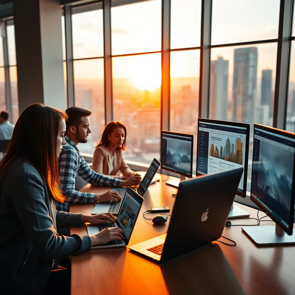 Generate a photorealistic, ultra-high quality image for a Web Design business called WebAidR Bonuses. The image should depict a modern, sleek office environment with large windows showcasing a vibrant cityscape. A diverse team of web designers are collaborating on a project, working on sleek laptops and large monitors, showcasing beautiful, modern website designs. The scene should exude professionalism, creativity, and innovation. Use a warm and inviting color palette with natural light streaming through the windows, casting soft shadows. The camera angle should be slightly elevated, capturing the team in a dynamic and collaborative pose. Focus on the detail of the laptops, monitors, and website mockups, highlighting the intricate details of the web design process. The background should be a blurred cityscape, adding a sense of dynamism and energy to the scene. Reference the style of successful web design studios like Google, Facebook, and Adobe, emphasizing a clean and modern aesthetic. The image should be rendered in 8K resolution with hyperrealistic details, showcasing the high quality of WebAidR Bonuses' services., ultra high resolution, photorealistic, 8K, hyperdetailed, cinematic lighting