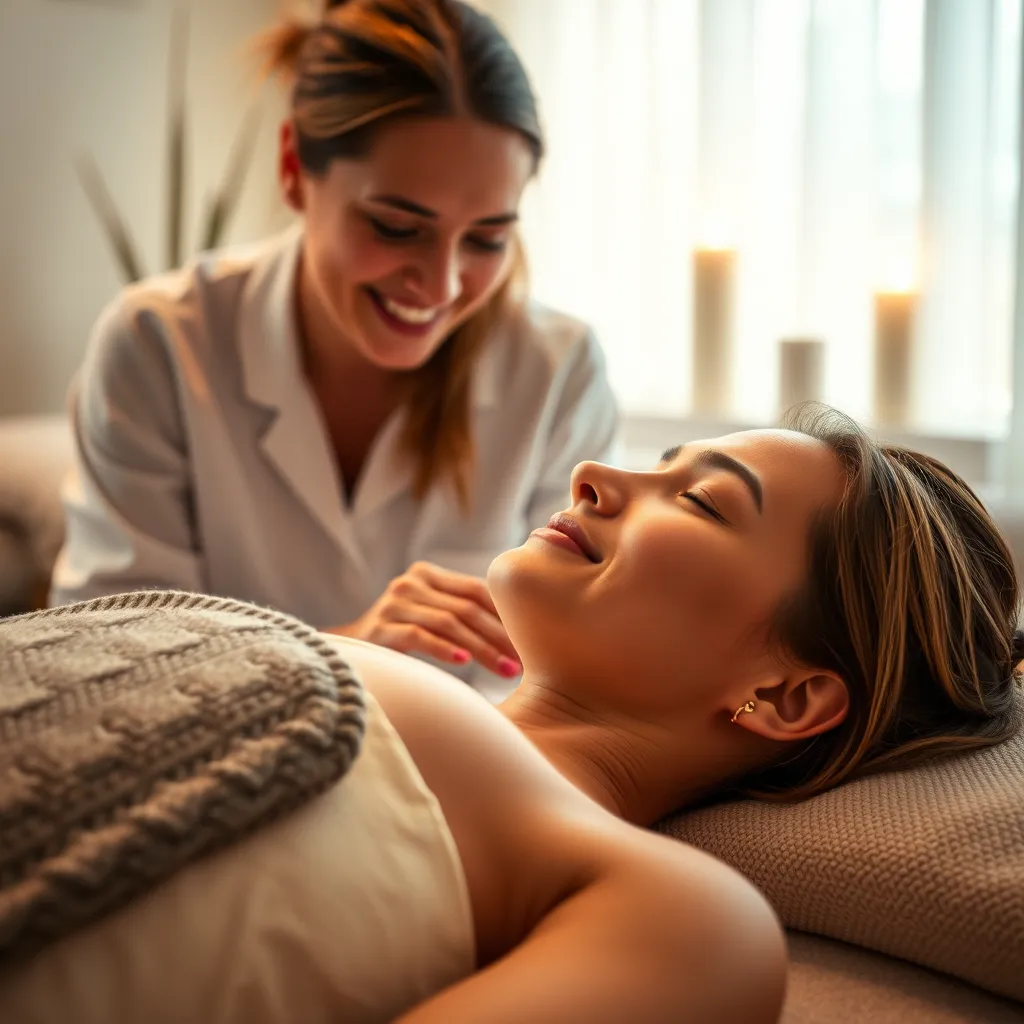 A close-up shot of a person receiving a relaxing massage from a professional therapist in a spa setting, with soft lighting and calming colors. The therapist should be smiling and looking at the client with a warm and inviting expression.