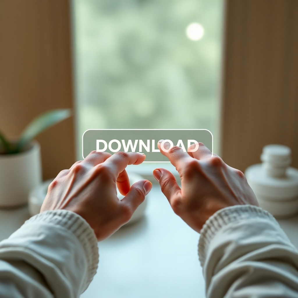 A photorealistic image of a person's hands clicking a download button on a website. Highlight the ease and convenience of accessing our ebooks.  This image should be clean and sleek. High resolution showcases the download interface, while a subtle background conveys a spa-like feeling. The overall style should be modern and user-friendly.