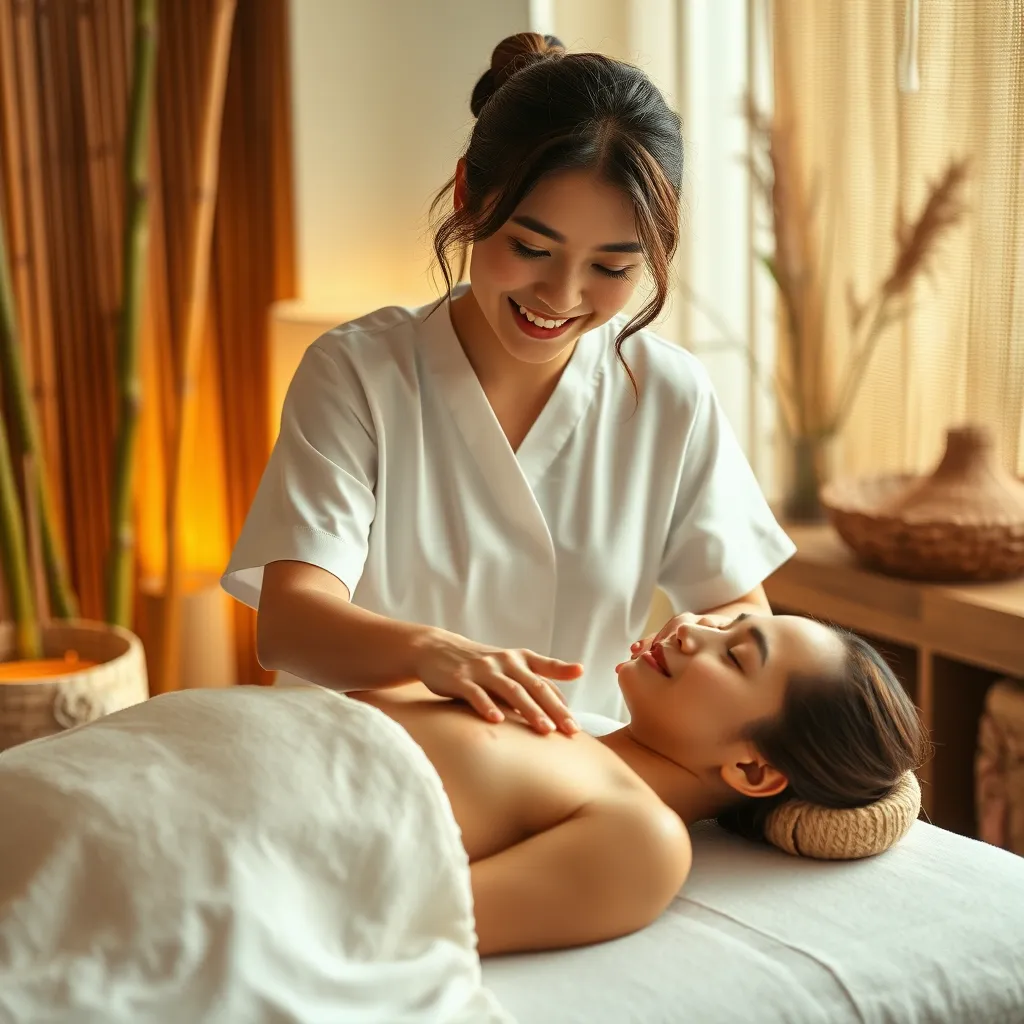 A photorealistic image of a serene spa setting with soft, warm lighting.  A young woman with a warm and friendly smile is demonstrating a basic massage technique on a model, who has a relaxed expression and is lying on a massage table draped in a white sheet. The room features soothing earthy tones and textures, such as bamboo, wood, and natural fabrics. The image should have a calm and inviting atmosphere, emphasizing the gentle and therapeutic nature of massage.  The camera angle should be slightly above the scene, capturing the woman's hands and the model's face, with a focus on the interaction between them. The image should be 8K resolution, with a high level of detail, capturing the smooth movement of the masseuse's hands, the subtle lines on the model's face, and the intricate textures of the spa environment.  The colors should be warm and calming, with soft shades of beige, brown, and green.  The lighting should be soft and diffused, casting a gentle glow on the scene.